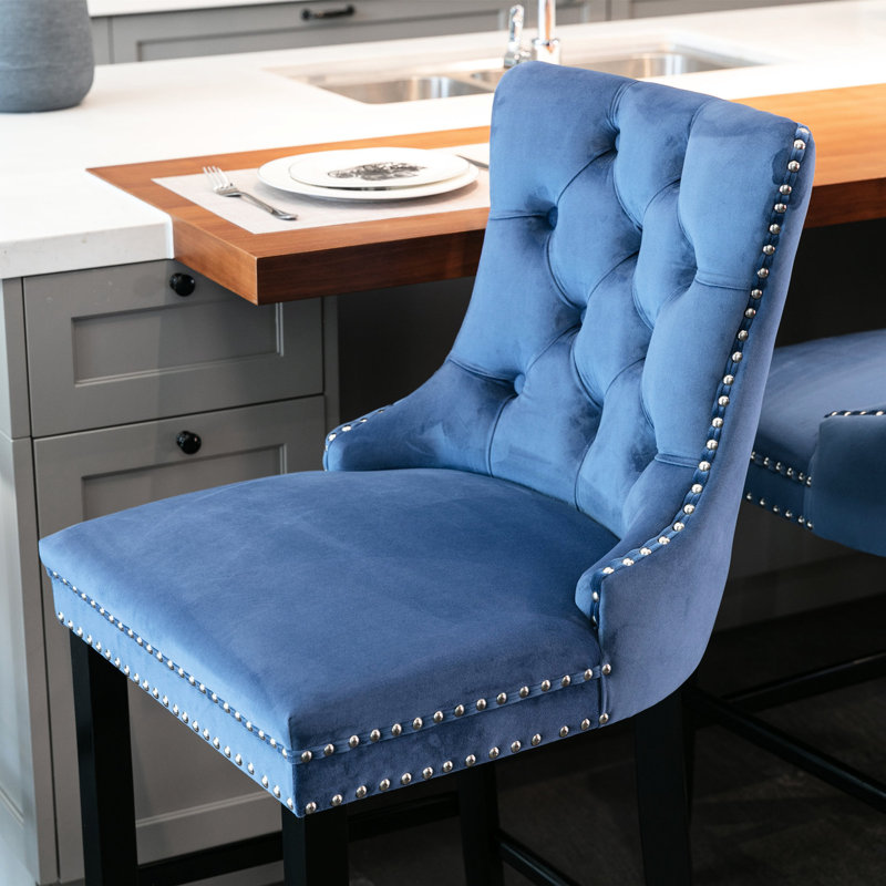 Bouton en velours avec garniture cloutée, coussin en mousse à rebond élevé - 2 (bleu rembourré, éponge, garniture bleue (de 2