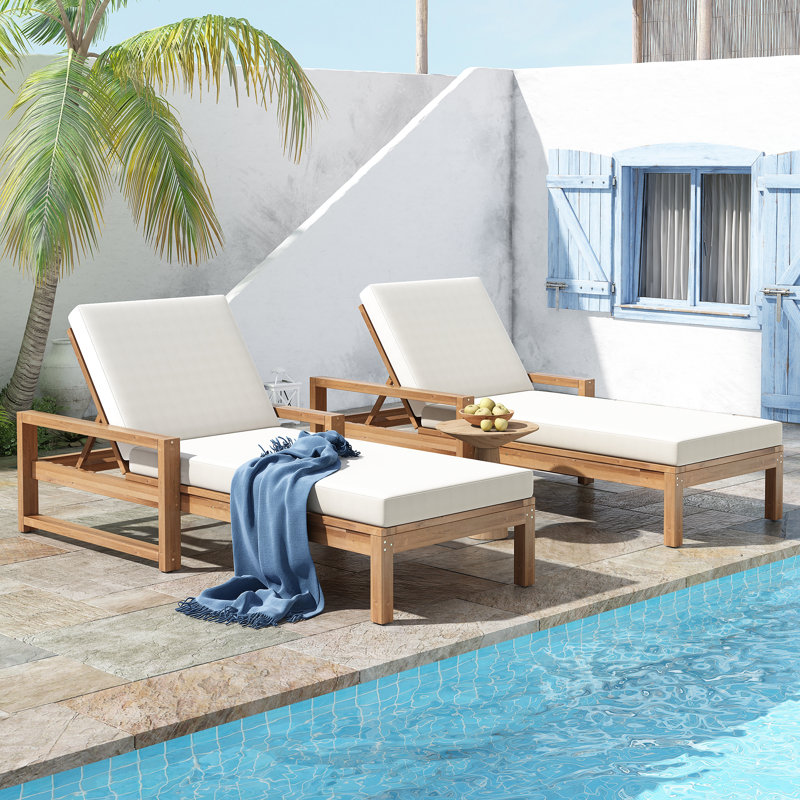 Outdoor Solid Wood Chaise Lounge Set (Set Of 2), Light Teak