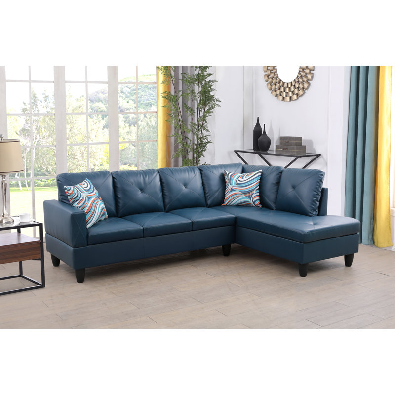 Tamez Faux Leather L-Shaped Sectional, Right Hand Facing, Blue Faux Leather