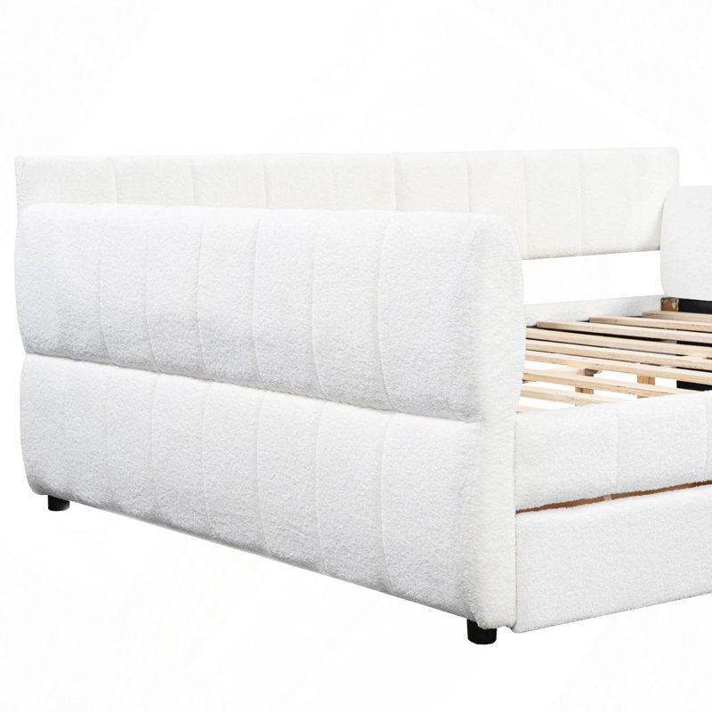 Grand lit plateforme tapissier avec port USB et 2 tiroirs, Blanc
