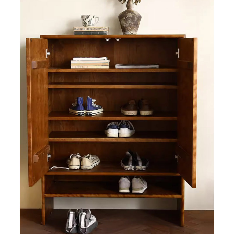 Vintage Cherry Wood Large-Capacity Shoe Cabinet 30 Pair Shoe Storage Cabinet