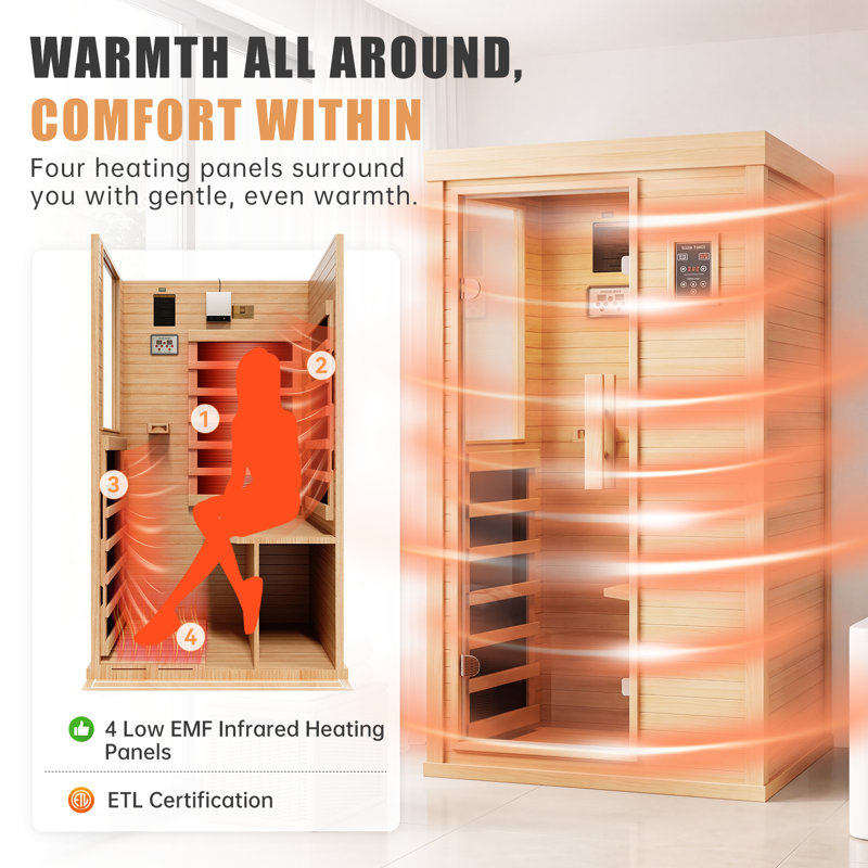 Indoor Far Infrared Sauna for 1 Person, Low-EMF Canadian Hemlock Wood Sauna with 4 Heating Panels, Bluetooth Speakers, LED Reading Light & Easy Temperature Control