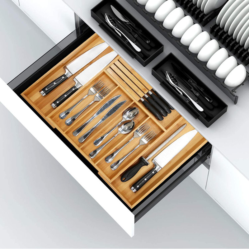 Organisateur de tiroir de cuisine en bambou avec ustensiles de cuisine, range-ustensiles extensible avec porte-couteaux, plateau à couverts avec séparateur, organisateur de tiroir multifonctionnel