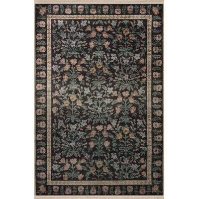 Black Themed Multicolor Mixed Flower Rose Patterned Creative Vintage Decorative Rug
