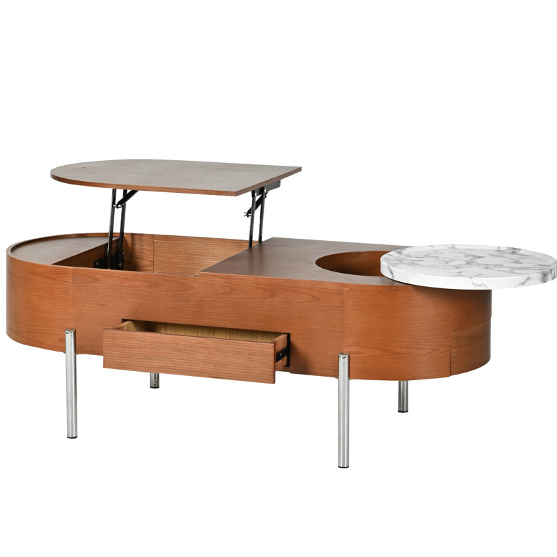 Élégante table basse à plateau relevable de 47,2 po avec plateau tournant et compartiments cachés ovales, Brun