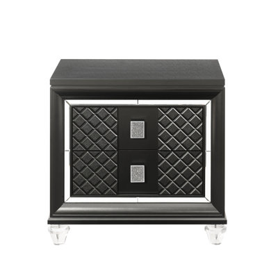 Table de chevet glamour de couleur gris métallique, 2 tiroirs spacieux, décorations à garniture étincelante, construction solide, rangement supérieur doublé de feutre, base, poignée chic avec accents gris froid avec matériaux et espaces de rangeme