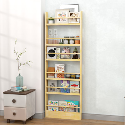 6 Tier Narrow Wooden Bookshelf, Freestanding Slim Storage Rack for Living Room & Bedroom & Study room
