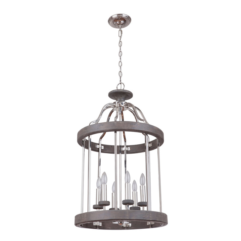 Lustre cylindrique 6 lumières lanterne Arkaitz, Nickel poli / bois gris