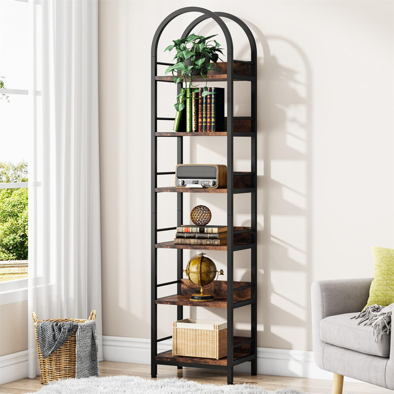 Industrial Arched Metal Bookshelf - 6-Tier Solid Wood Grain Storage Rack, Multi-Functional Display Cabinet for Living Room & Bedroom