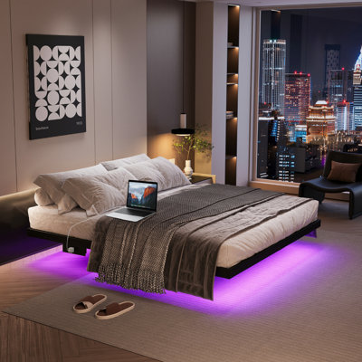 Cyndra 10'' Steel Bed Frame with LED Lights, Remote Control and Charging Station, No Boxspring Needed