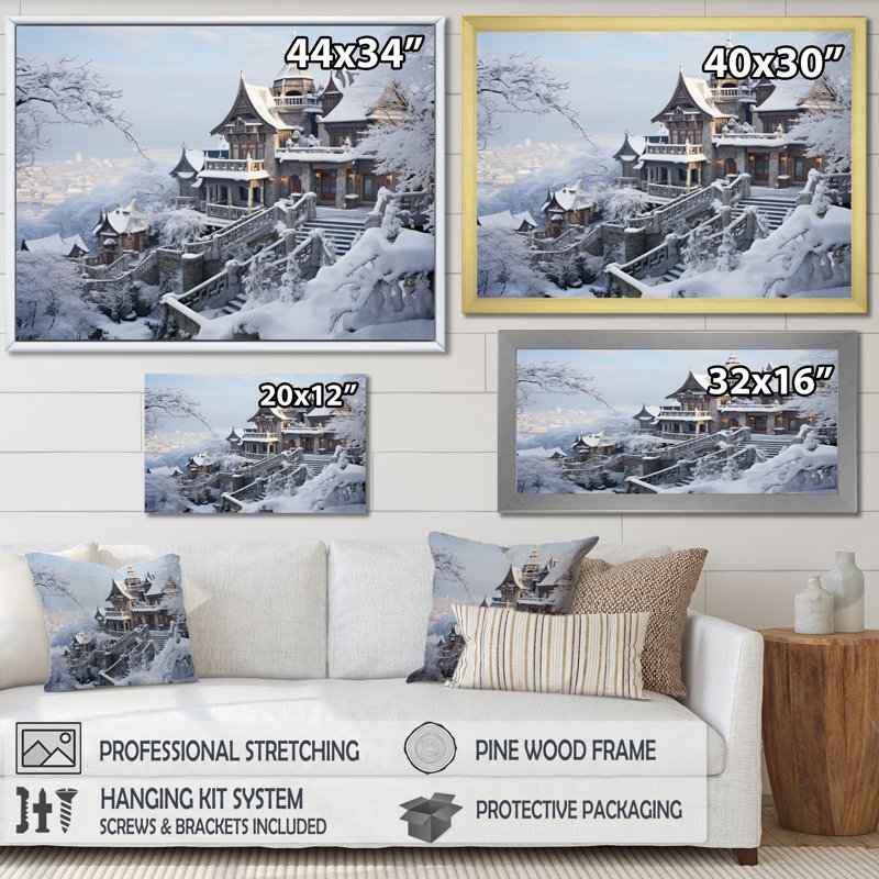 «Winter Village Landscape II - Landscape», reproduction sur toile, Cadre flottant doré, H 12 po x l 20 po x P 1 po