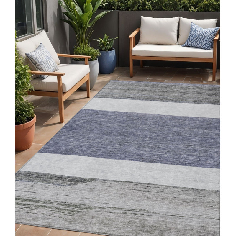 Tapis extérieur lavable abstrait bleu ivoire et gris 5 pi x 8 pi