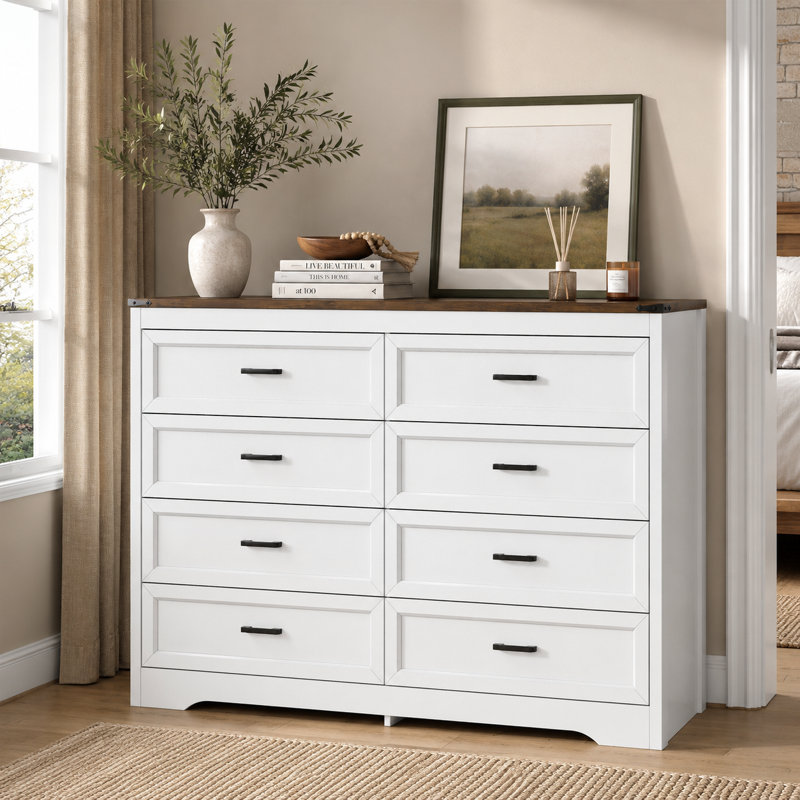 Commode double à 8 tiroirs, commode de chambre de 137 cm de large avec un grand espace de rangement pour la chambre à coucher