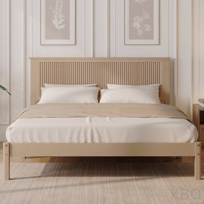 Queen Size Solid Rubber Wood Bed With Wave-Styled Headboard,Central Support Beams And Reinforced Platform Feet,Natural
