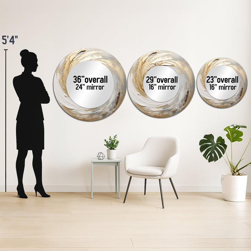 Gold And White Soft Wave Vortex III - Abstract Spirals Decorative Mirror, Modern Round Wall Mirror, Printed Metal Art