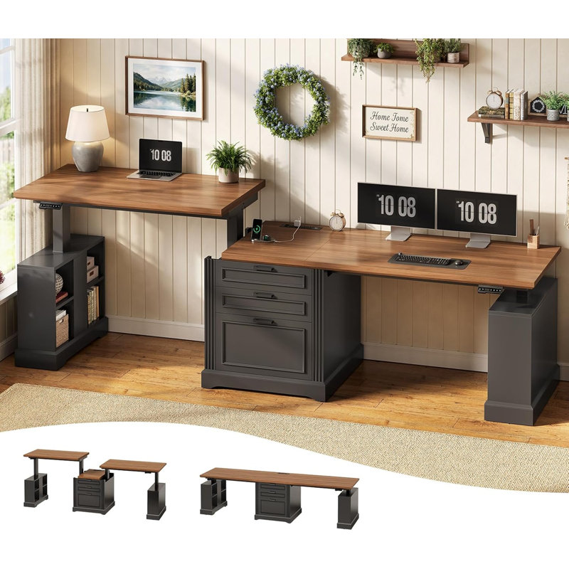  Cataleta 98.4'' Standing Office Desk Farmhouse Computer Desk with Power Outlets, Brown/Black