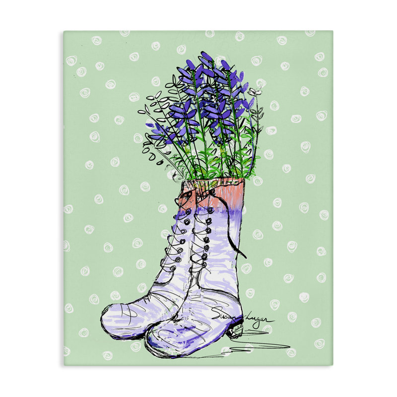 Toile lavande avec bottes, conception par Susan Lugar, H 20 po x l 16 po