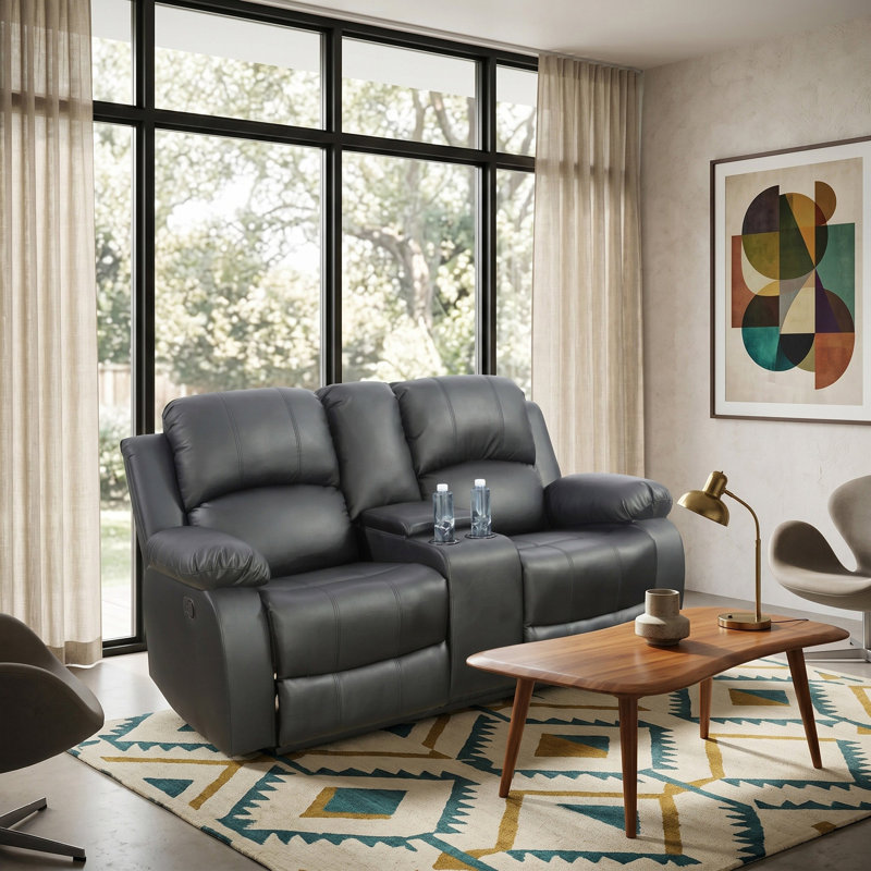 Black Vegan Leather Manual Recling Loveseat, Black