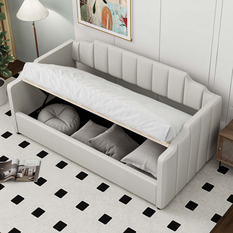 Lit de jour rembourré avec rangement inférieur, Lit simple, Beige
