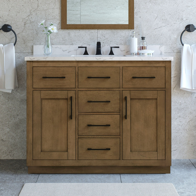 Ensemble de meuble-lavabo autoportant simple en lattes d'amande 42 po Athea avec comptoir en marbre blanc Athea, Brun, Black
