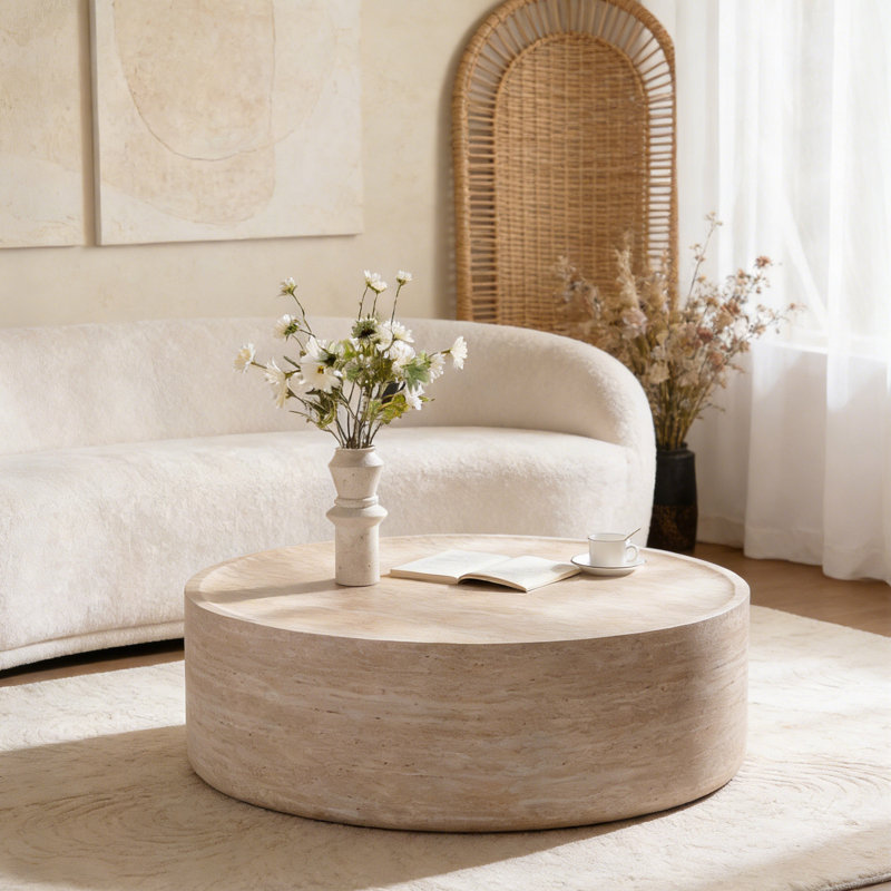 Table basse ronde à tambour moderne avec motif Mars, aucun assemblage requis pour une installation facile dans les salons