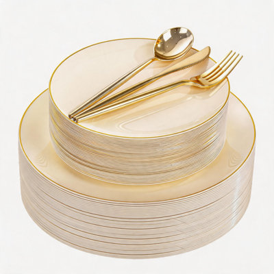 150Pcs Ivory Gold Rim Disposable Plates with Silverware for Party