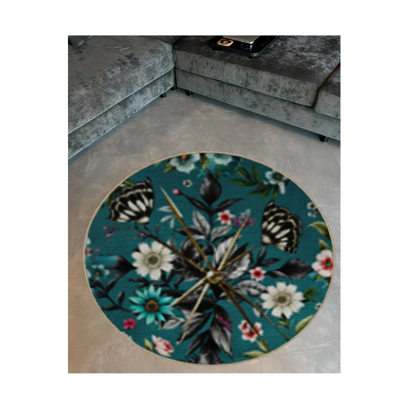 Petrol Green Floral Flower Patterned Round Woven Base Modern Decorative Carpet, Round 2'8"