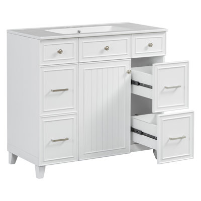 36" Bathroom Vanity With Ceramic Sink, White, Solid Wood Frame, Soft Close Doors, Adjustable Shelves, 3 Drawers,Including Double-Depth Drawer For Hairdryer Storage