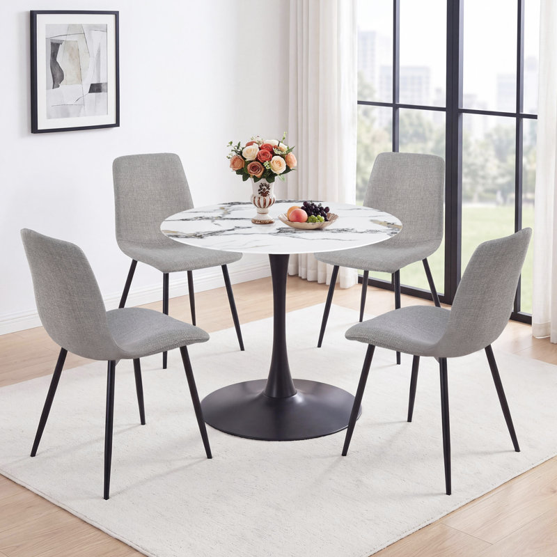 Karmenu Linen Upholsered Dining Chair Set of 4, Gray, Black