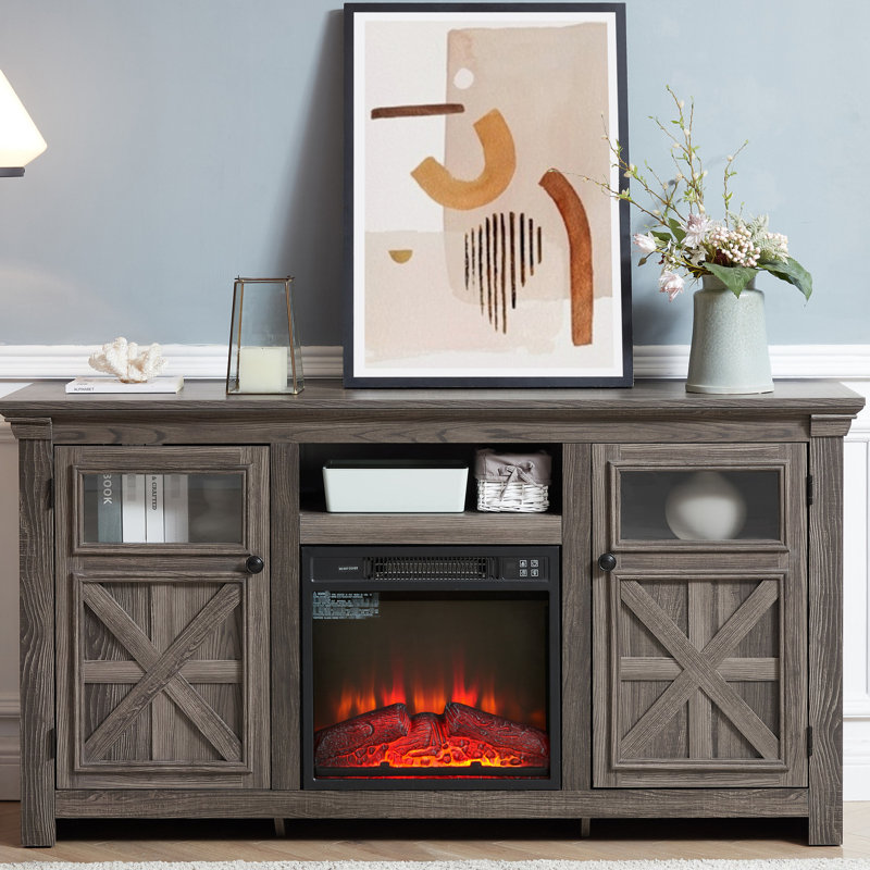 Grey Tv Stand With Fireplace, 58.95"w X 15.12"d 31.7"h, 3 Flame Brightness Options, Remote Style Entertainment Console Grey, For 65" Televisions, Made, Tidy Cable Setup