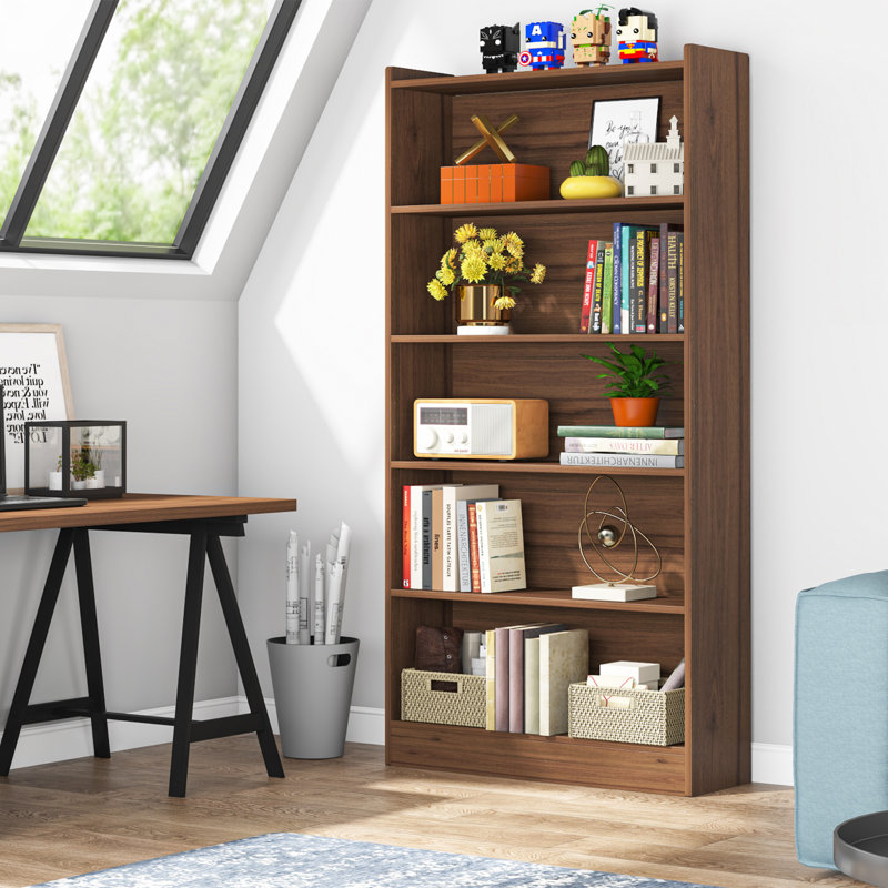 35.4'' W Bookcase, Modern Wood Tall Bookshelf, Brown, (5 Shelves) 72.04" H x 35.43" W x 11.81" D