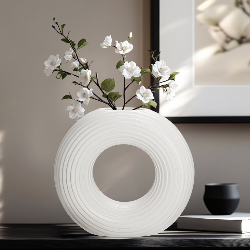 Halo 9" Ribbed Donut Ceramic White Vase, White