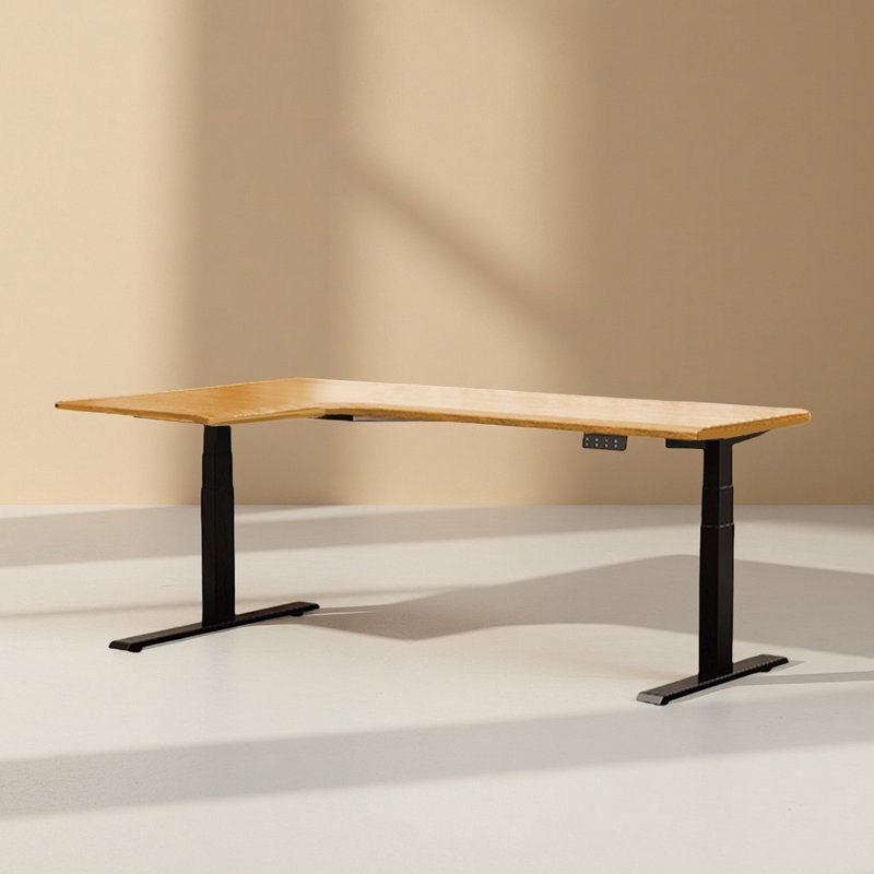 L-Shaped Solid Wood Electric Height-Adjustable Desk with Metal Base, 24.41" H x 70.87" W x 43.31" D