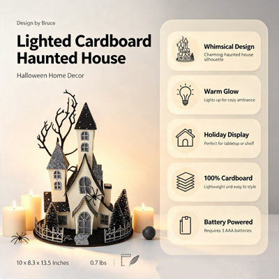 Battery Operated Lighted Cardboard Haunted House Tabletop Decor, Black and Beige Spooky Halloween Indoor Mantel & Party Ornament
