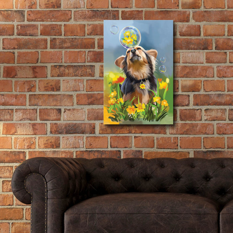  «Chien jouant avec une bulle de savon» par Kajenna, art mural en verre acrylique, 16 po x 24 po, H 24 po x l 16 po