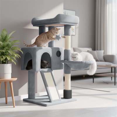 36" H Cat Tree, Kitten Tower Condo Cat House with Sisal Scratching Post, Ramp and Cat Self Groomer