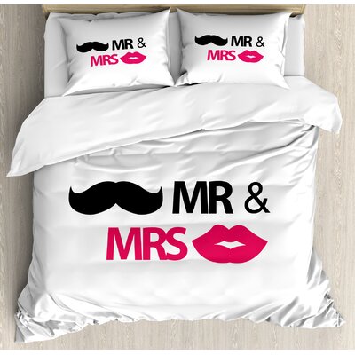 Wedding Decorations Funny Stencil Art Lips Moustache Mr and Mrs Retro Stylized Design Duvet Cover Set -  Ambesonne, nev_35174_king