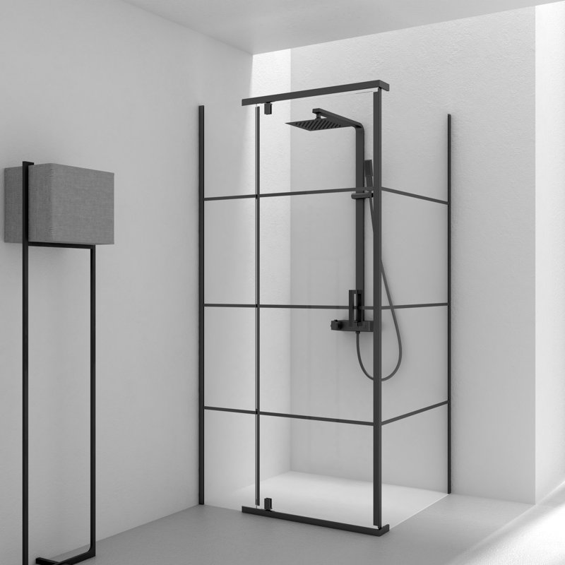 Porte de douche pivotante l 42 po x H 79 po Lila avec panneau latéral de 34 po au design linéaire noir mat - configuration à 2 murs sans base