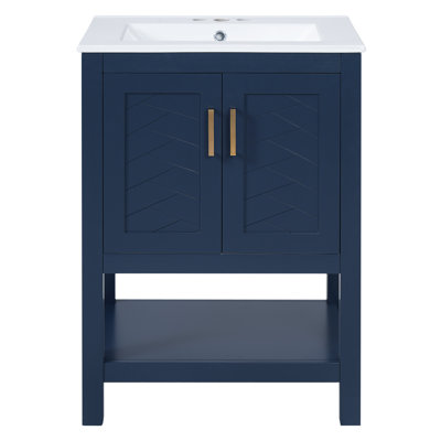 Meuble-lavabo autoportant 24 po avec lavabo central en céramique 24 po, console à double porte en sergé d'inspiration chevron sur terrasse en lin à aire ouverte, pieds minimalistes épurés (3 finitions)
