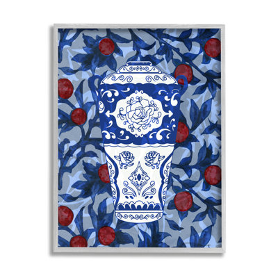 "Ornate Vase" rouge et bleu à motif encadré sur bois par Lil 'Rue, impression