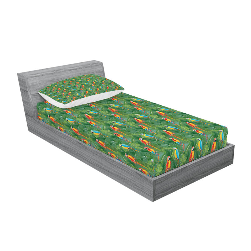 Ambesonne Jungle Fitted Sheet & Pillow Sham  Set,  Multicolor, Twin Sheet Set with 2 Pillowcases