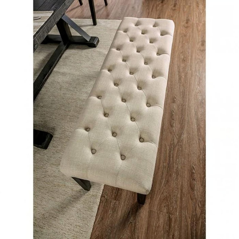 Classic Ivory 1PC BENCH Button Tufted Linen Like Fabric Solid Wood Chair Upholstered Seat Breakfast Rustic Dining Room Furniture