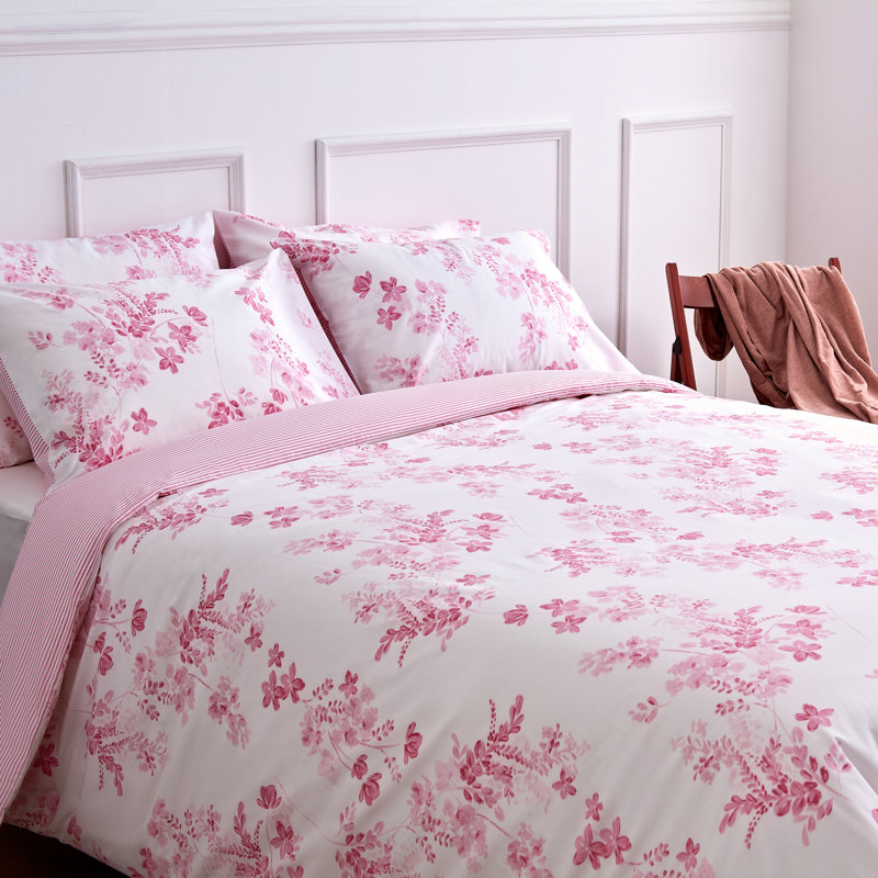 Stripes & Floral Reversible Cotton Duvet Cover Bedding Set by Leruum, Pink, Single Duvet Cover + 1 Standard Pillowcase