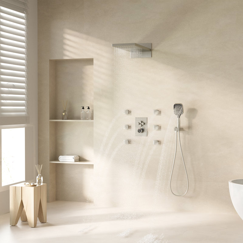 Système de douche thermostatique à pluie rectangulaire mural à 4 fonctions de 20 pouces avec 6 jets de corps Rainier