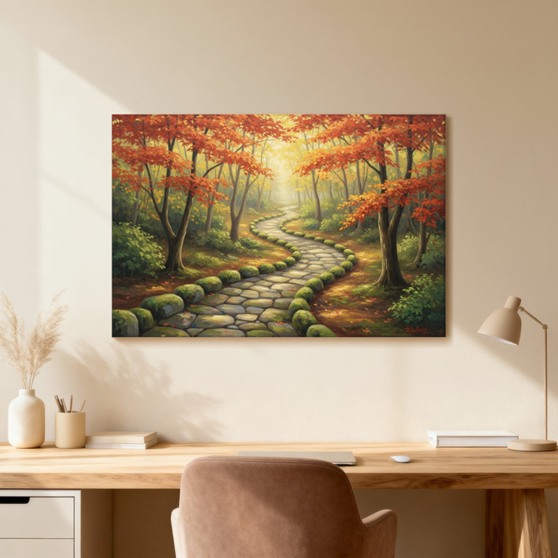 Plantes et fleurs, sentier d'automne, allée en pierre, arbres, feuilles, soleil, scène de forêt, H 20 po x l 30 po