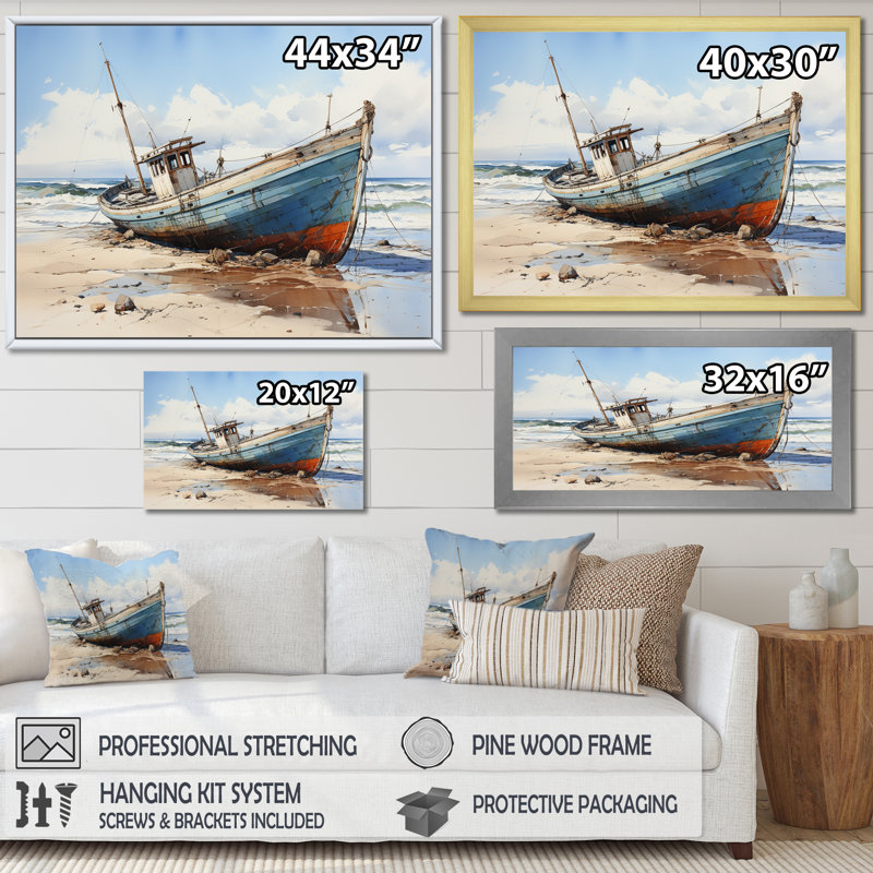 Bateau de pêche à la plage - impression, Toile tendue, H 16 po x l 32 po x P 1 po