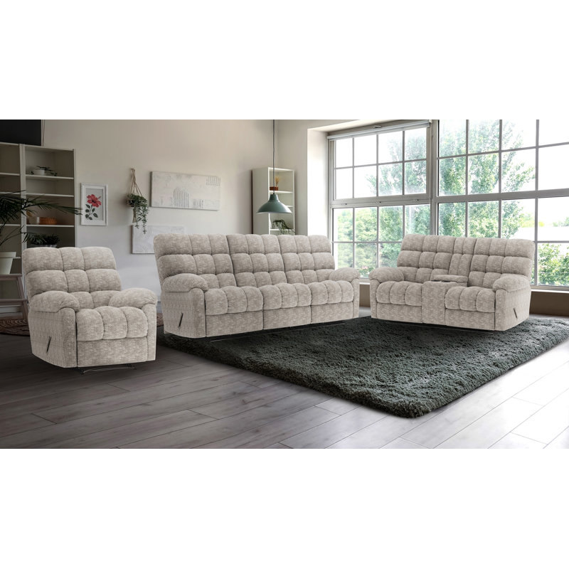 Ensemble 3 pièces: canapé inclinable, causeuse console et fauteuil inclinable oscillant beige, Beige 3-piece Set