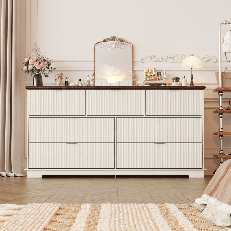 Fluted 7 Drawer Dresser, 63'' Wide Modern Closet Dressers For Bedroom, Brown/White