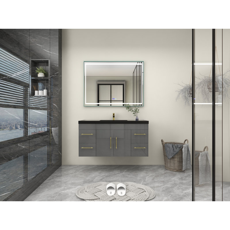 Ensemble de meuble-lavabo mural simple 48 po Campbell-Josh, Gris à haute brillance, Or mat