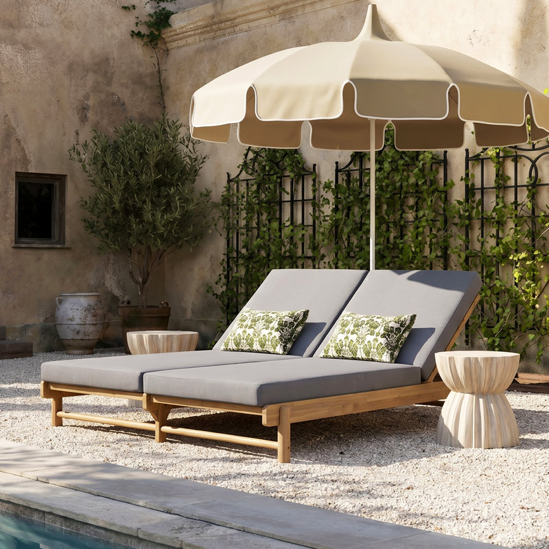 Chaise longue double en bois d'acacia Lioressa Modern avec dossiers réglables et coussins hydrofuges, Gris foncé